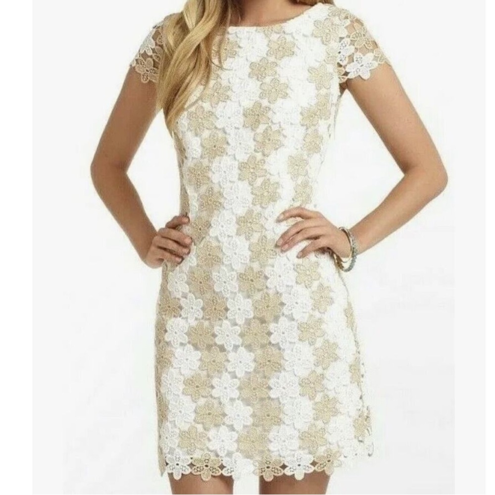 Lilly Pulitzer Floral Lace Mini Dress in White and Tan